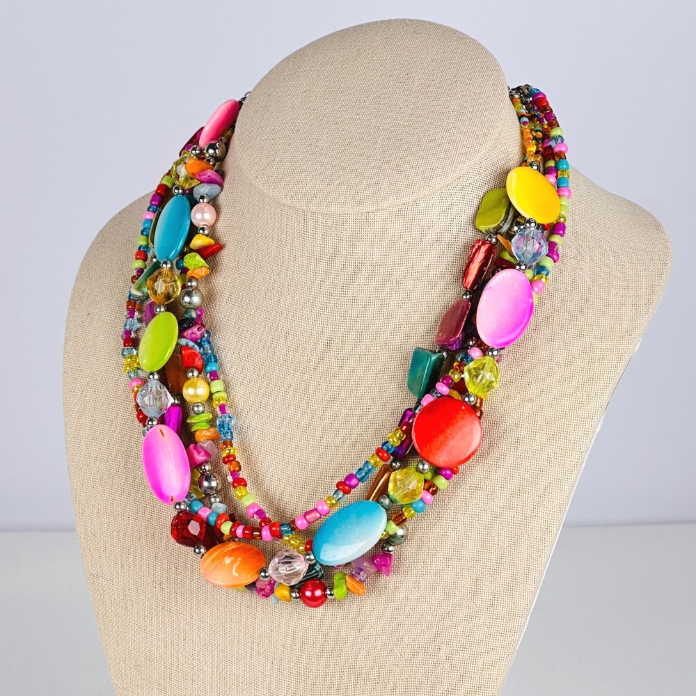 Vintage Anthropologie Multicolor Necklace Multi-Strand Beaded Layered Statement - Picture 2 of 7